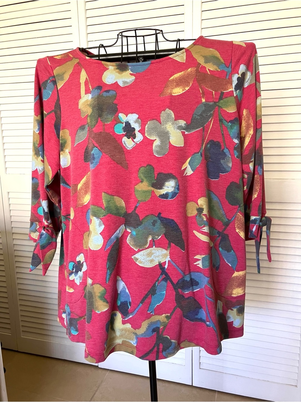 Susan Graver Weekend Floral Long  Sleeve Tunic Top Sz XL Knit With Pockets Pink